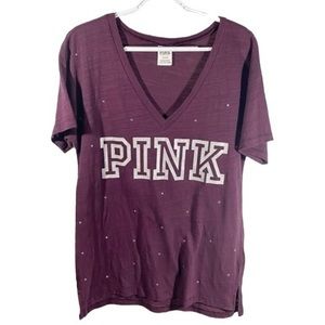 Victoria's Secret PINK Rhinestone V-neck T-shirt Maroon with Glitter Spellout M